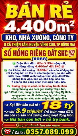 BÁN RẺ 4400m2 KHO, NHÀ XƯỞNG, CÔNG TY XÃ THIỆN TÂN, VĨNH CỬU, TP ĐỒNG NAI, SỔ HỒNG ĐẨT SKC 💯