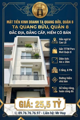 MẶT TIỀN KD TẠ QUANG BỬU, SÁT NGÃ TƯ CAO LỖ, GẦN TTTM PARC MALL QUẬN 8, SHR, HOÀN CÔNG ĐỦ.