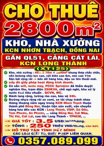 CHO THUÊ 2800m2 KHO, NHÀ XƯỞNG KCN NHƠN TRẠCH, ĐỒNG NAI GẦN QL51, CẢNG CÁT LÁI, LONG THÀNH