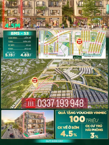 Bán căn liền kề 63m2 BM5-53 khu Bình Minh Vinhomes Dương Kinh Hải Phòng.