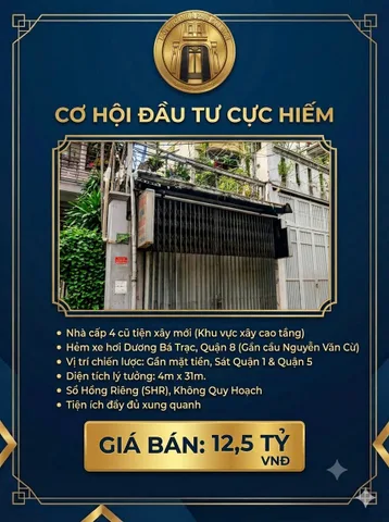 QUẬN 8, HẺM XE HƠI, GẦN CẦU NGUYỄN VĂN CỪ, SÁT QUẬN 1, 120M2, GẦN MẶT TIỀN, SHR