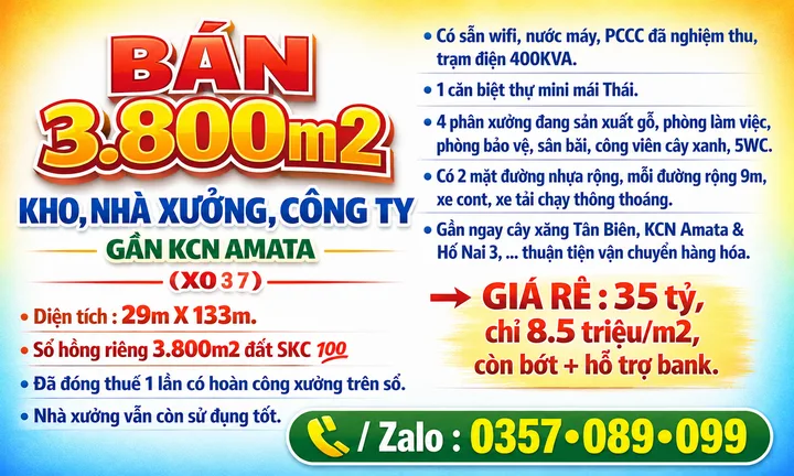 BÁN 3800m2 KHO, NHÀ XƯỞNG, CÔNG TY P.LONG BÌNH, BIÊN HÒA, ĐỒNG NAI GẦN KCN AMATA, SỔ HỒNG SKC 💯