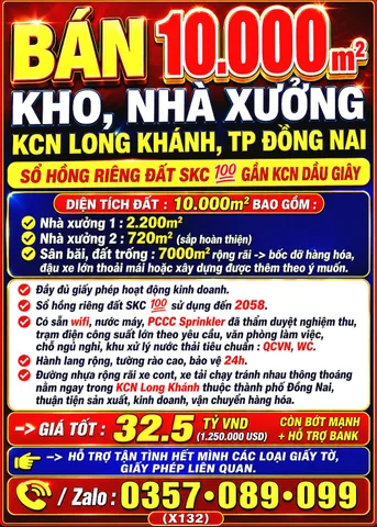 BÁN 10000m2 KHO, NHÀ XƯỞNG KCN LONG KHÁNH, TP ĐỒNG NAI SỔ HỒNG ĐẤT SKC 100% GẦN KCN DẦU GIÂY