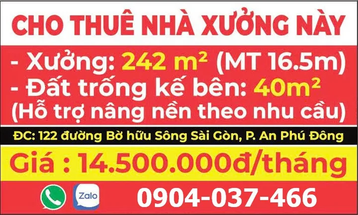 cho thuê nhà xưởng mặt tiền đường bờ hữu sông sài gòn, diện tích 282m2, giá chỉ 14.500.000đ/tháng