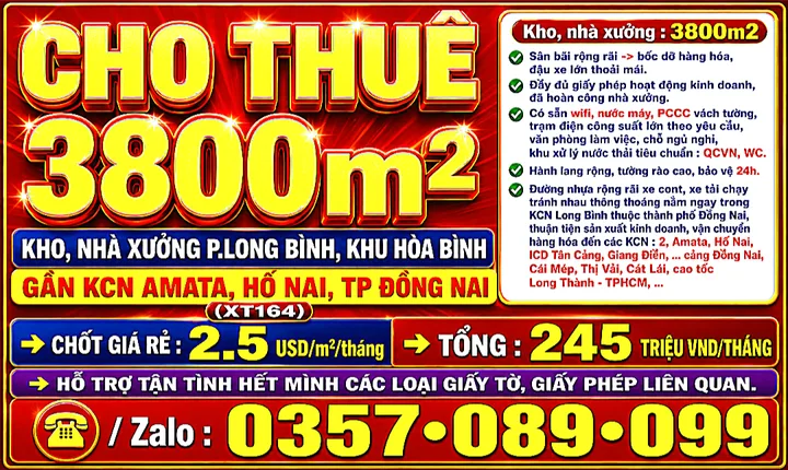 CHO THUÊ 3800m2 KHO, NHÀ XƯỞNG LONG BÌNH, KHU HÒA BÌNH, GẦN KCN AMATA, HỐ NAI, TP ĐỒNG NAI