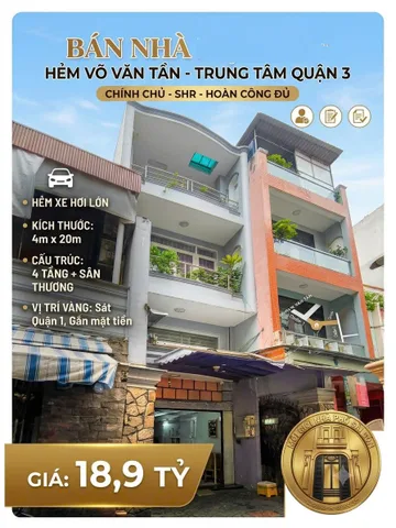 QUẬN 3, TT P. BÀN CỜ, NHÀ 4 TẦNG, HXH VÕ VĂN TẦN, GẦN ẶT TIỀN, SÁT QUẬN 1, HOÀN CÔNG ĐỦ.