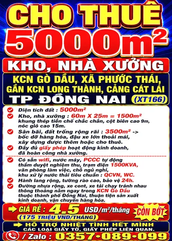 CHO THUÊ 5000m2 KHO, NHÀ XƯỞNG KCN GÒ DẦU XÃ PHƯỚC THÁI GẦN KCN LONG THÀNH, CẢNG CÁT LÁI TP ĐỒNG NAI
