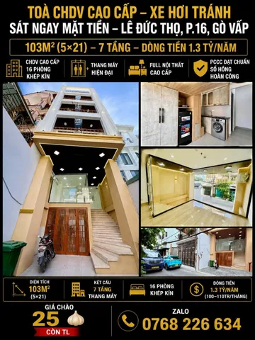 🏢 XE HƠI TRÁNH. SÁT MẶT TIỀN LÊ ĐỨC THỌ. P.16, GÒ VẤP. CHDV 16 PHÒNG. 103M². 💰25🧄 CÒN TL. 📱0768 226 634