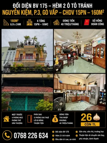 ĐỐI DIỆN BV 175. HẺM 2 Ô TÔ TRÁNH. NGUYỄN KIỆM, P.3, GÒ VẤP. CHDV 15PN. 160M². 💰26🧄 CÒN TL. 📱0768 226 634