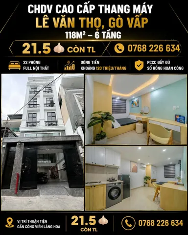 CHDV CAO CẤP THANG MÁY, LÊ VĂN THỌ, GÒ VẤP, GẦN CÔNG VIÊN LÀNG HOA, 118M², 6 TẦNG. 💰21.5🧄 CÒN TL. 📱0768 226 634