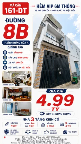 Nhà 40m2 - HXH thông – 3 TẦNG – SÁT CHỢ BÌNH LONG – GIÁ CHỈ HƠN 4 TỶ