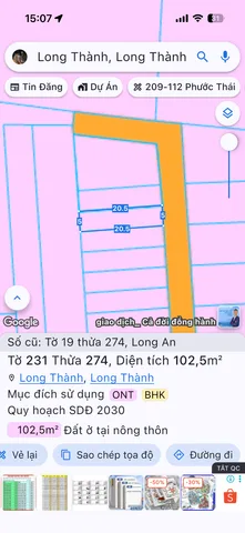 Bán Đất 102m2 có sẵn 80 m2 thổ cư giá 1.5 tỷ tại Xã Long An Huyện Long  Thành Đồng Nai