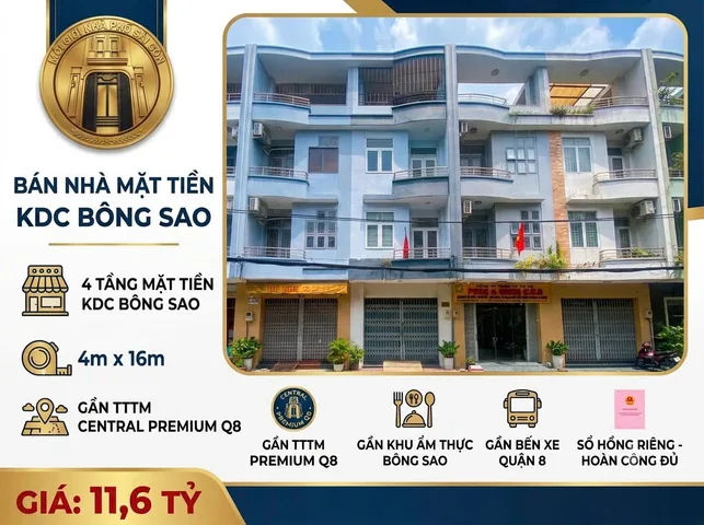MẶT TIỀN 4 TẦNG KDC BÔNG SAO, GẦN TTTM CENTRAL PREMIUM TẠ QUANG BỬU, SHR, HOÀN CÔNG ĐỦ