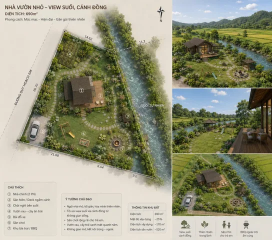 Bán Đất 690m2 có sẵn 300 m2 thổ cư , VIEW suối , ôm trọn cách đồng
