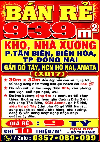 BÁN RẺ 939m2 KHO, NHÀ XƯỞNG P.TÂN BIÊN, BIÊN HÒA, TP ĐỒNG NAI, GẦN GỖ TÂY, KCN HỐ NAI, AMATA (X017)