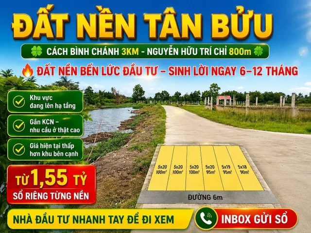 Bán Đất 100m2 có sẵn 100 m2 thổ cư giá 1.55 tỷ tại - Chọn - Xã Tân Bửu Huyện Bến Lức Long An