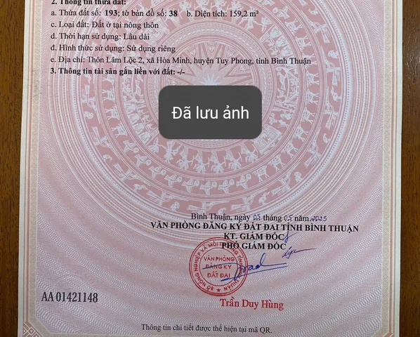 Bán Đất 159m2 có sẵn 159 m2 thổ cư giá 750 triệu tại Xã Hòa Minh Huyện Tuy Phong Bình Thuận