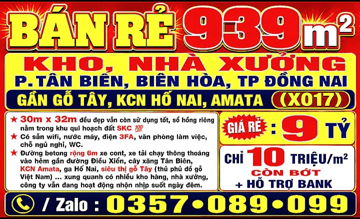 BÁN RẺ 939m2 KHO, NHÀ XƯỞNG P.TÂN BIÊN, BIÊN HÒA TP ĐỒNG NAI GẦN GỖ TÂY, KCN HỐ NAI, AMATA