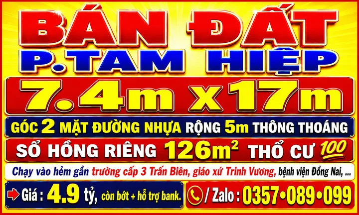 BÁN ĐẤT P.TAM HIỆP, GÓC 2 MẶT ĐƯỜNG NHỰA RỘNG 5m, SỔ HỒNG RIÊNG 126m2 THỔ CƯ 💯