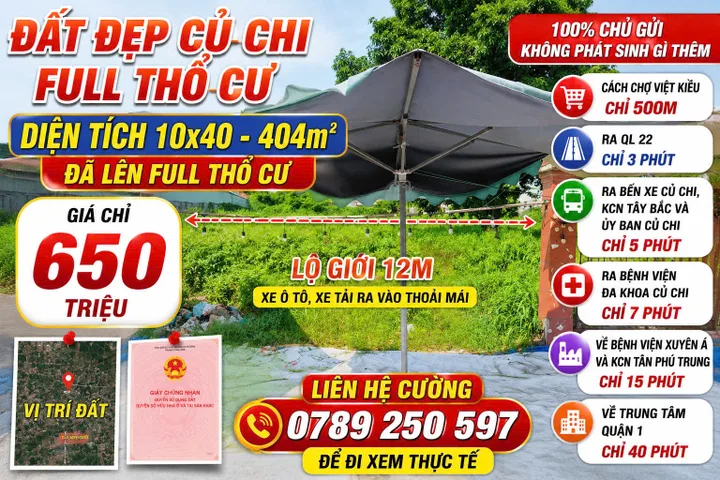 Bán Đất 404m2 có sẵn 394 m2 thổ cư giá 650 triệu tại Đường số 19 Xã Tân An Hội Huyện Củ Chi TP. Hồ Chí Minh