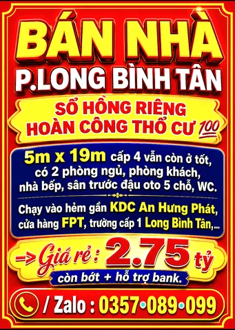 BÁN NHÀ LONG BÌNH TÂN, SỔ HỒNG RIÊNG THỔ CƯ, ĐƯỜNG OTO, SÂN OTO GẦN FPT, KDC AN HƯNG PHÁT