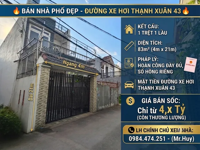 Bán Nhà riêng 83m2 có sẵn 83 m2 thổ cư giá 4.3 tỷ tại - Chọn - Phường Thạnh Xuân Quận 12 TP. Hồ Chí Minh