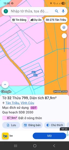 Bán Đất 88m2 thổ cư giá 1.25 tỷ tại Đường DT 768 Xã Thạnh Phú cũ. Còn thương lượng