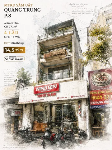 MTKD sầm uất Quang Trung P8 4,5m x 17m CN 77,1m² 4L 5PN 3WC  ĐCT 18tr/thg giá 14,5 tỷ TL