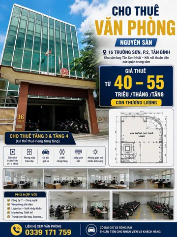 Cho thuê Văn phòng 143m2 giá 40 triệu tại đường Trường Sơn Phường 02 Quận Tân Bình TP. Hồ Chí Minh