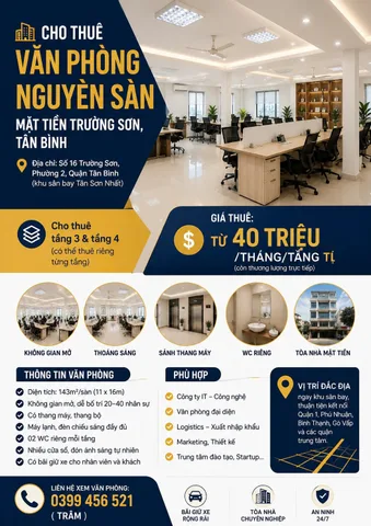Cho thuê Văn phòng 143m2 giá 40 triệu tại đường Trường Sơn Phường 02 Quận Tân Bình TP. Hồ Chí Minh