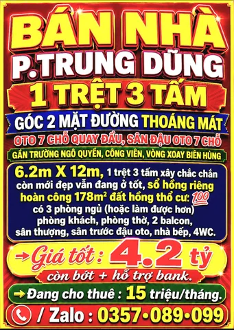 BÁN NHÀ TRUNG DŨNG, 1TRỆT 3TẤM, GÓC 2 MẶT ĐƯỜNG OTO, SÂN OTO GẦN TRƯỜNG NGÔ QUYỀN