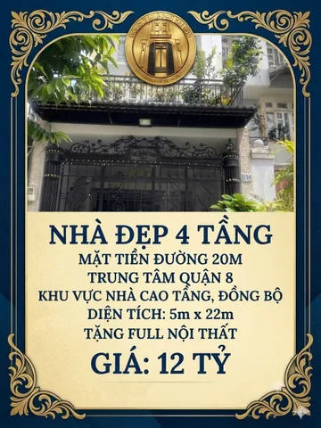 BÁN NHÀ ĐẸP, MẶT TIỀN ĐƯỜNG 20M, TRUNG TÂM QUẬN 8, 5M X 24M, SHR, HOÀN CÔNG ĐỦ